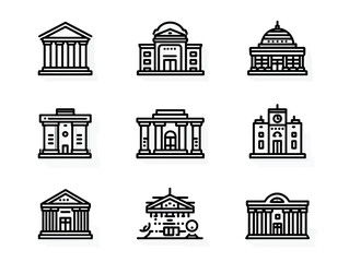 Vector Illustration Set of Classical Government Buildings with Architectural Details in Minimalist Line Style