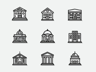Vector Architectural Building Icon Set Modern Line Art Collection of Classical and Modern Structures