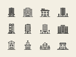 Minimalist Vector Building Icons Collection Featuring Modern Cityscape and Residential Structures in Black Line Art Style