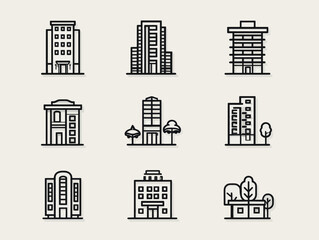 Vector Icon Set of Modern City Buildings and Urban Landscape in Minimalist Line Style for Commercial Use