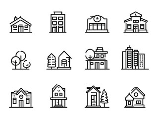 Minimalist Vector House Icon Set with Line Art Style in Black and White