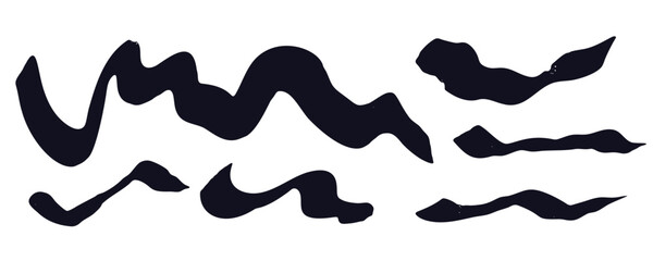 Black textured wavy grunge ink drawing brush strokes with texture. Abstract hand drawn brushstroke squiggle lines for graphic design, paintbrush waves