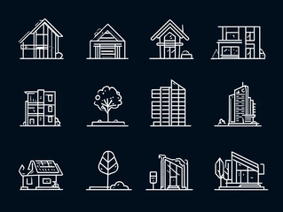 Minimalist Vector Architecture Icons Collection Featuring Diverse Building Structures and Nature Elements in Clean Line Style