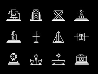 Vector Icon Set of Modern Architectural Structures in Minimalist Style with White Line Art on Black Background