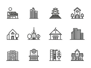Minimalist Vector Architecture Icons Set Featuring Diverse Building Styles in Monochrome Line Art Design