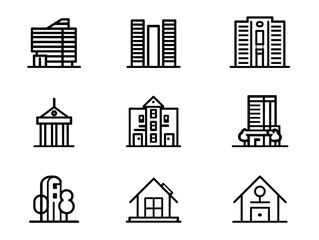 Vector Icon Set of Building Structures in Modern Minimalist Style with Black Line Art
