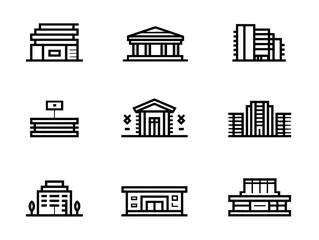 Minimalist Vector Building Set of Icon Style Modern Architectural Structures in Black and White