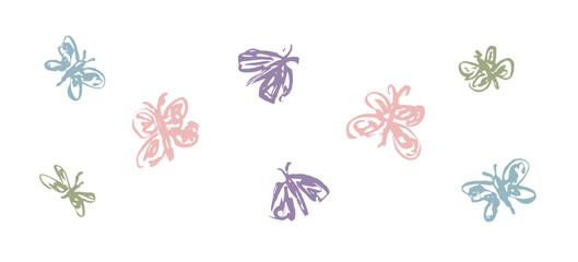 Set of sketch hand drawn textured colorful moth and butterflies. Artistic outline ink drawing flying insects for women poster and feminine greeting card design, banner, logo, sticker