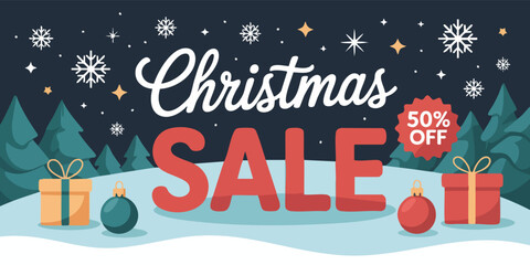 Christmas Sale Snowcovered gifts  ornaments sit amidst trees snowflakes  a 50 off promotion