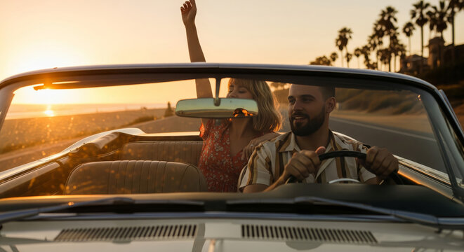 Happy couple driving in a vintage convertible along the beach at sunset, enjoying summer freedom. - Powered by Adobe