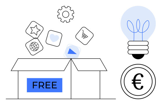 Open box labeled FREE with app icons, gear, lightbulb, and euro coin suggesting innovation, creativity, technology, savings, business strategy marketing and monetization. Minimalist flat metaphor