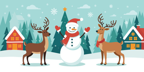 Winter scene Snowman stands between two reindeer in a snowy landscape flanked by houses and pine trees