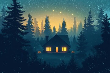 Fototapeta premium Cozy cabin in enchanted forest under starry night sky