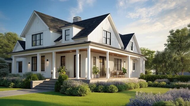 Slow Dolly Right Camera Movement of Beautiful Farmhouse with Lush Landscaping. Generative AI.