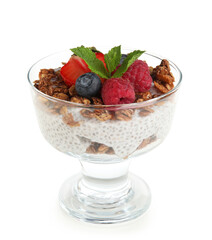 Glass of tasty chia seed pudding with mint leaves, granola and berries on white background