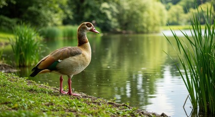 Obraz premium Egyptian goose with colorful plumage standing near a pond. Elegant African water bird symbolizing beauty, grace, and natural wetland wildlife.