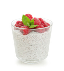 Glass of tasty chia seed pudding with mint leaves and raspberries on white background