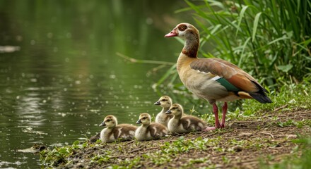 Obraz premium Egyptian goose with colorful plumage standing near a pond. Elegant African water bird symbolizing beauty, grace, and natural wetland wildlife.
