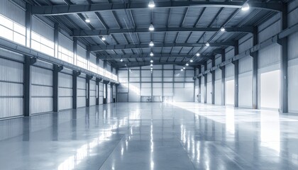 Fototapeta premium Spacious Empty Warehouse Interior With Reflective Concrete Floor and Bright Overhead Lighting
