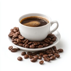 Cup of coffee with coffee beans on a white saucer.