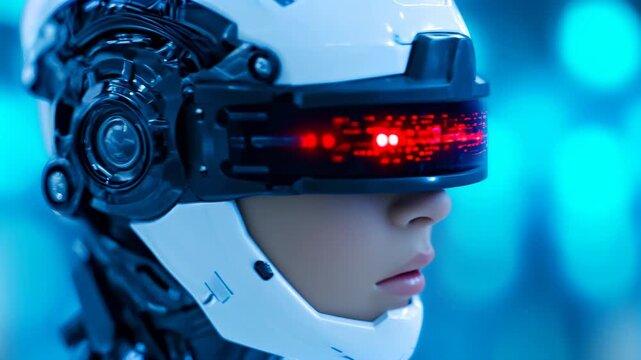Child in a futuristic helmet with glowing red visor and cybernetic neck system, health monitoring concept footage
