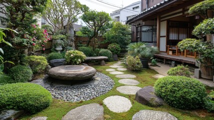 Obraz premium Serene Japanese Garden With Stone Pathways, Lush Greenery, and Tranquil Atmosphere Near Traditional House in Urban Setting