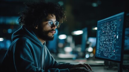 Focused male programmer working on complex code at night with multiple screens, using advanced technology in a dark office environment