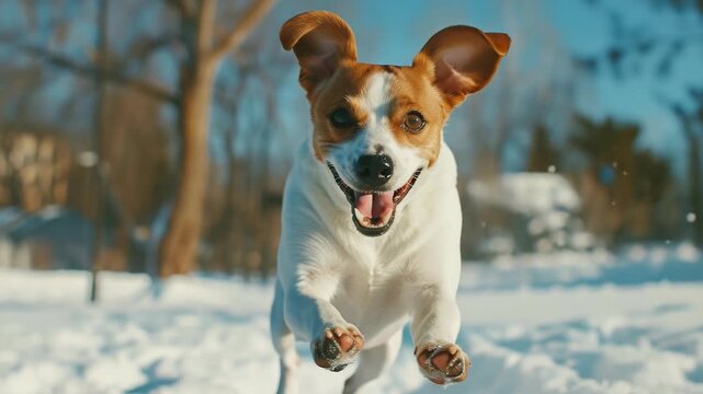 Joyful dog with flapping ears and tail running on snowy ground. High-energy winter scene.