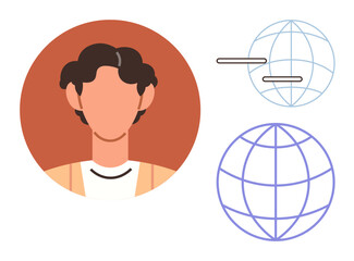 Minimalist portrait inside a red circle next to globe outlines with connection lines. Ideal for networking, communication, globalization, technology, diversity, collaboration, simple flat metaphor