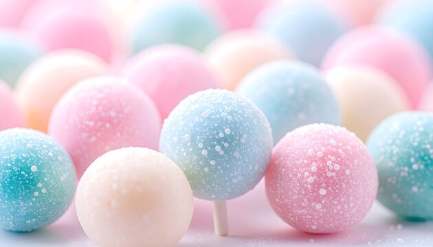 Dulces esferas de colores pastel cubiertas de az&uacute;car sobre fondo difuminado