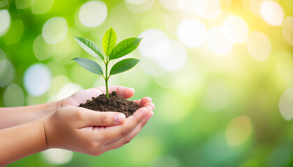 Hands holding young green plant with soil on sunny background