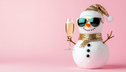 Cool snowman with champagne glass and sunglasses on pink background