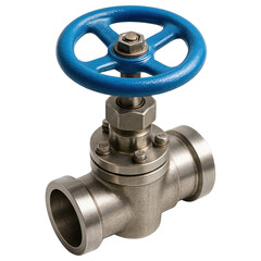 Blue Valve Wheel Attached to Stainless Steel Pipe