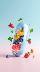 Vitamin capsule with fresh fruits and berries on pastel background
