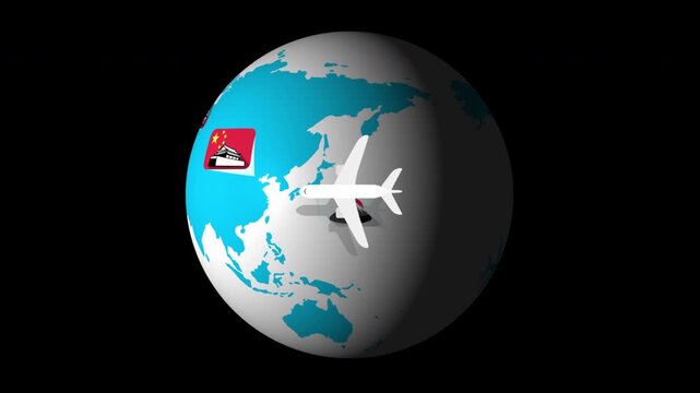 An animated airplane circles the globe, highlighting various countries through the display of their flags. Experience a visual journey of global travel.