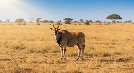Fototapeta premium Eland antelope grazing in the savanna, showing its elegant horns and tan coat. Africa’s largest antelope symbolizing grace, strength, and wilderness.