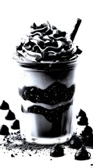 Decadent chocolate smoothie topped with whipped cream and chocolate shavings served in a clear glass