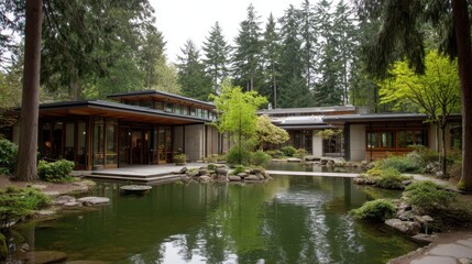 Obraz premium Tranquil Modern Home Nestled Amidst Lush Greenery with Reflective Pond in Serene Landscape of Evergreen Forest Setting