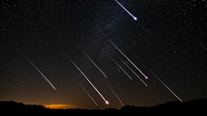 Meteor shower across night sky with glowing trails among countless stars - Powered by Adobe