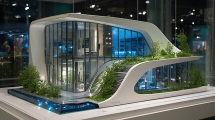 Modern architectural model showcasing innovative design elements and green landscaping in a stylish display for inspiration and creativity in construction projects