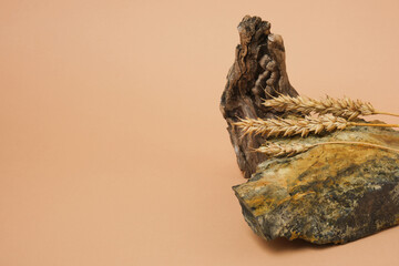 Stone podium Composition with realistic rock backdrop. Mock up for presentation, branding products, cosmetics jewellery