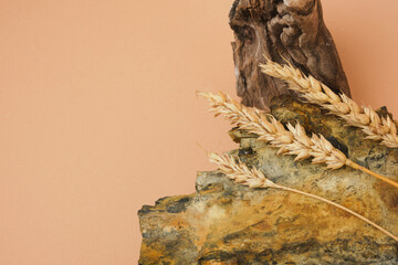 Stone podium Composition with realistic rock backdrop. Mock up for presentation, branding products, cosmetics jewellery