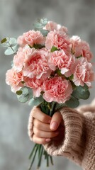 Hand holding a bouquet of pink carnations and eucalyptus in soft focus with a cozy sweater in the background