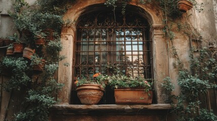 Beautiful Old Window with Elegant Iron Grill Surrounded by Lush Green Plants and Colorful Flower Pots in Rustic Urban Setting