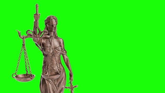 Rotating Lady Justice Statue on Green Screen.