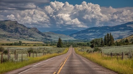 Obraz premium Scenic Open Road with Lush Greenery and Dramatic Clouds in a Beautiful Mountain Landscape