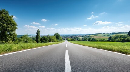 Fototapeta premium Scenic countryside road winding through lush green fields under a bright blue sky with scattered clouds, inviting an adventure into nature's beauty.