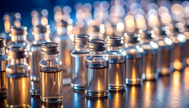 Viales médicos transparentes alineados con reflejos de luz dorada, concepto de investigación científica y medicina moderna