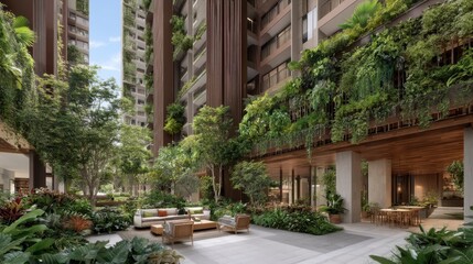 Fototapeta premium Lush Green Courtyard of Modern Residential Building with Tropical Plants and Comfortable Seating Area for Relaxation and Outdoor Living