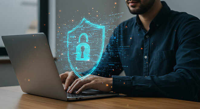 Person typing on laptop with digital shield hologram